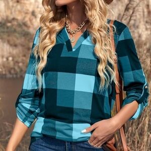 XL Plaid V-Neck Women Top - Blue